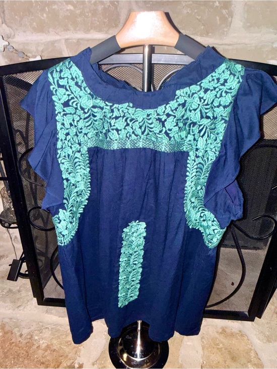 J Marie Tops - J Marie Mexican top navy Teal Large Game-day blue L